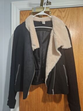 H&M Wool-Blend Moto Jacket with Faux-Shearling Collar